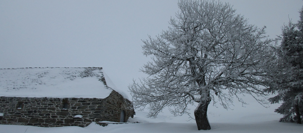 Maison de pierre dans paysage d' hiver